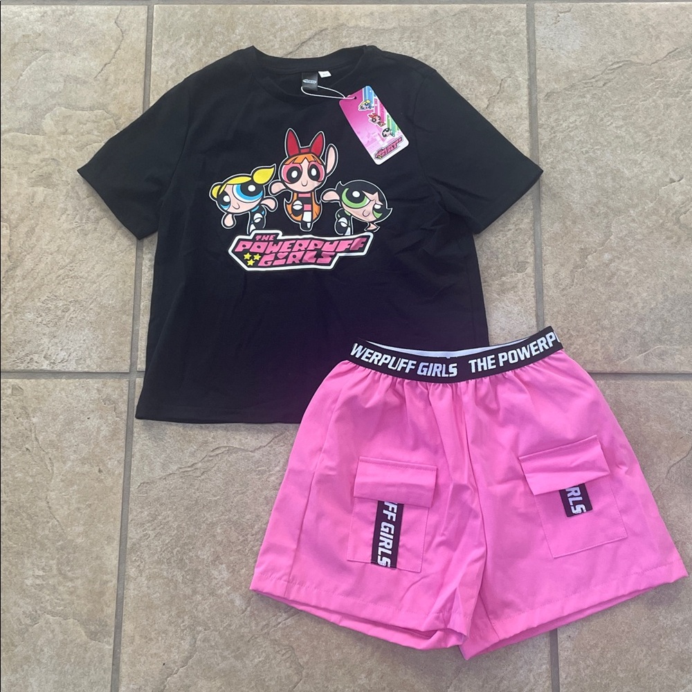 Powerpuff Girls Black T-Shirt and Pink Shorts Set